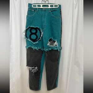 Vintage Teal and Black Distressed Jeans with Number Patch